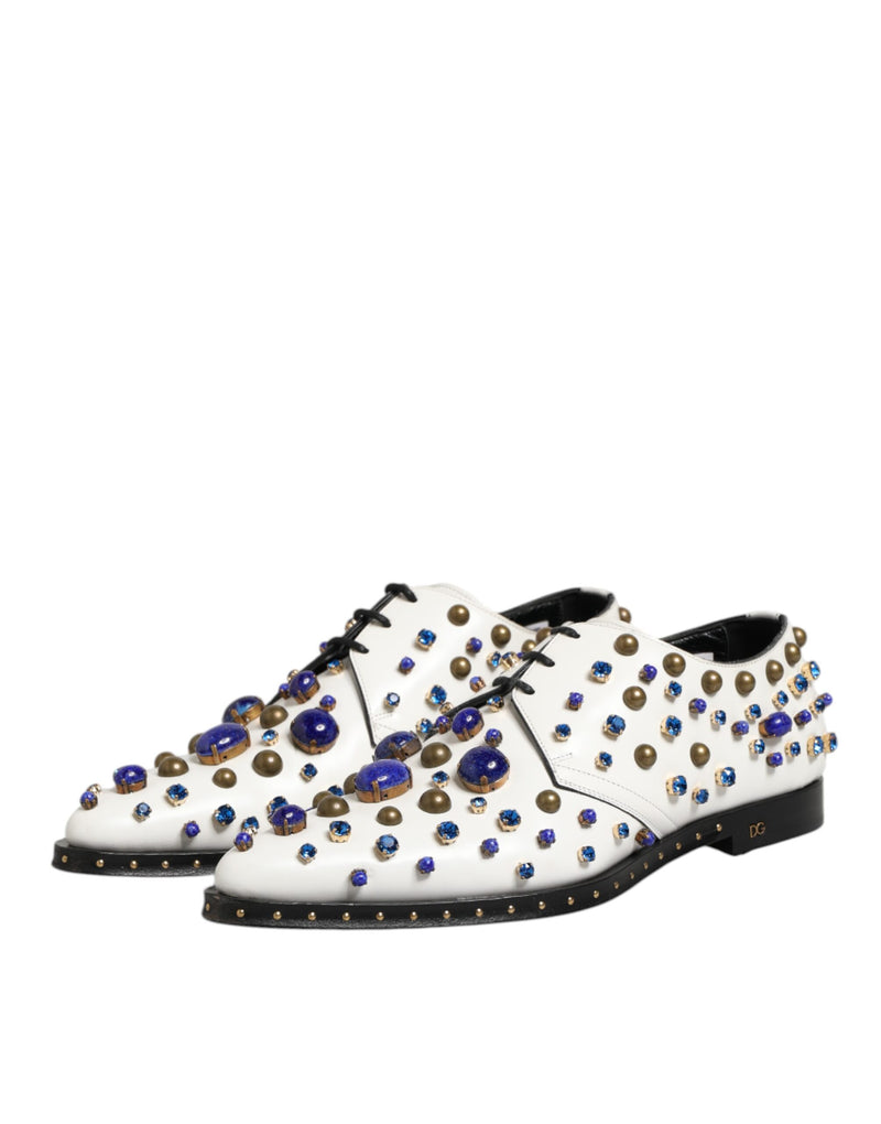 Dolce & Gabbana White Leather Crystals Embellished Derby Shoes
