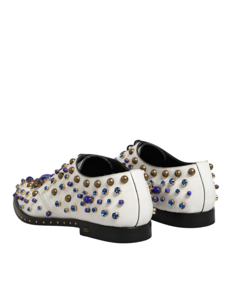 Dolce & Gabbana White Leather Crystals Embellished Derby Shoes