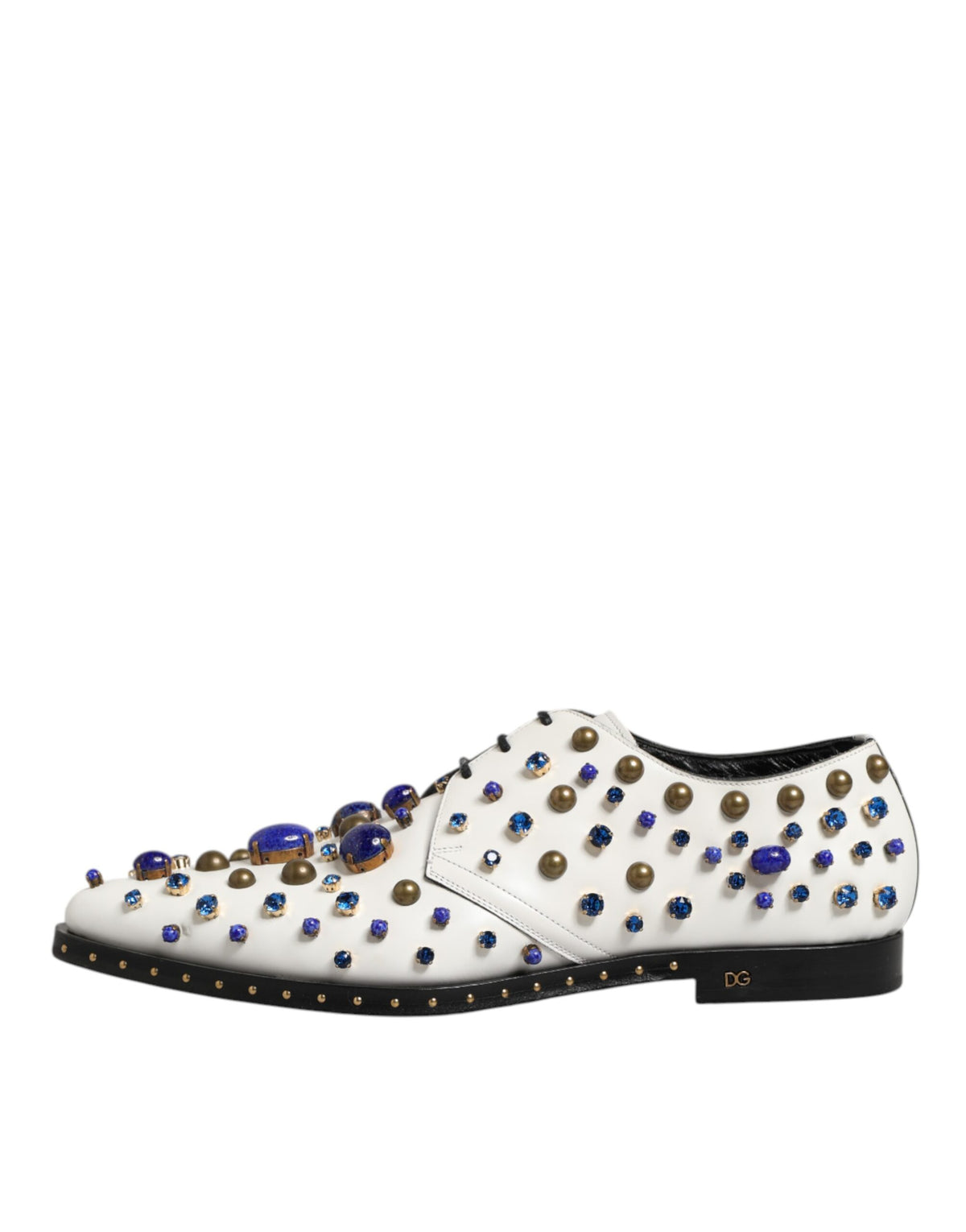 Dolce & Gabbana Derby Shoes en Cuir Blanc avec Cristaux Multicolores