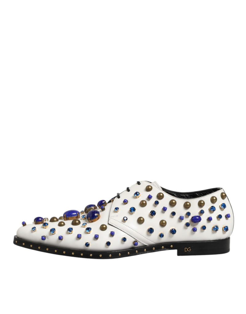 Dolce & Gabbana White Leather Crystals Embellished Derby Shoes