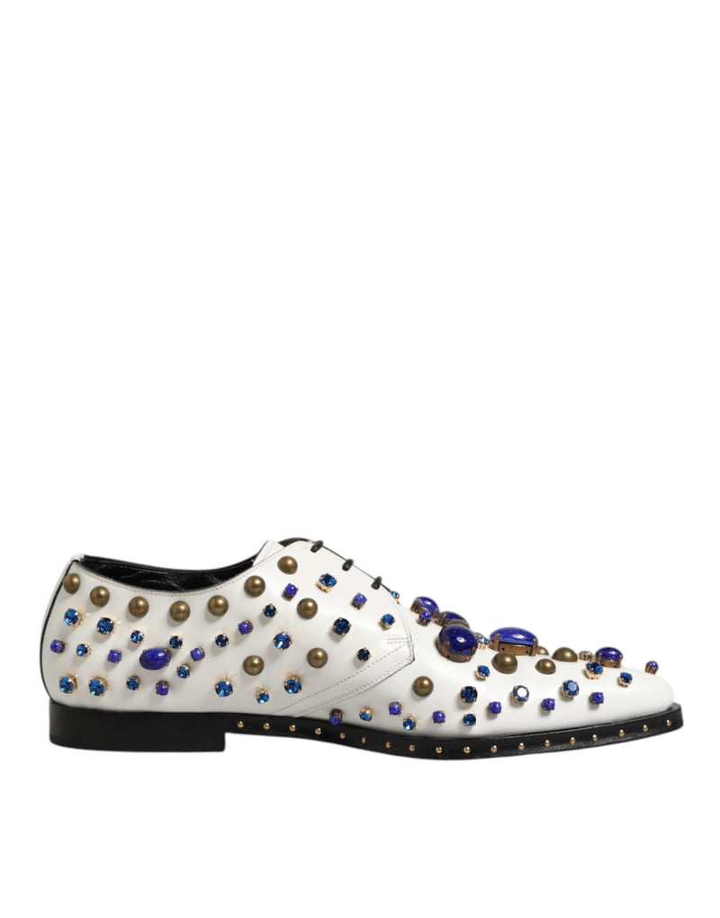 Dolce & Gabbana White Leather Crystals Embellished Derby Shoes