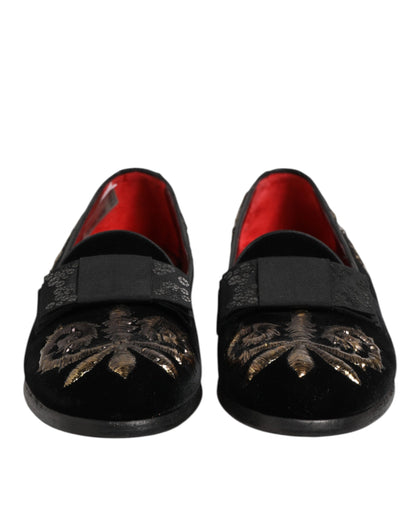 Dolce &amp; Gabbana Zwarte Fluwelen Borduurwerk Formele Loafers Schoenen