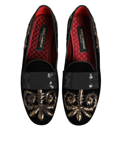 Dolce &amp; Gabbana Zwarte Fluwelen Borduurwerk Formele Loafers Schoenen