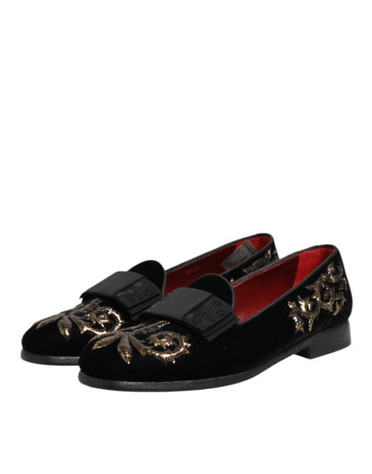 Dolce &amp; Gabbana Zwarte Fluwelen Borduurwerk Formele Loafers Schoenen