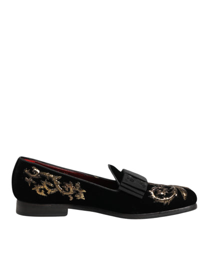 Dolce &amp; Gabbana Zwarte Fluwelen Borduurwerk Formele Loafers Schoenen