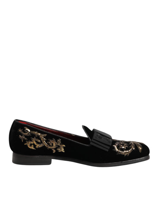 Dolce &amp; Gabbana Zwarte Fluwelen Borduurwerk Formele Loafers Schoenen
