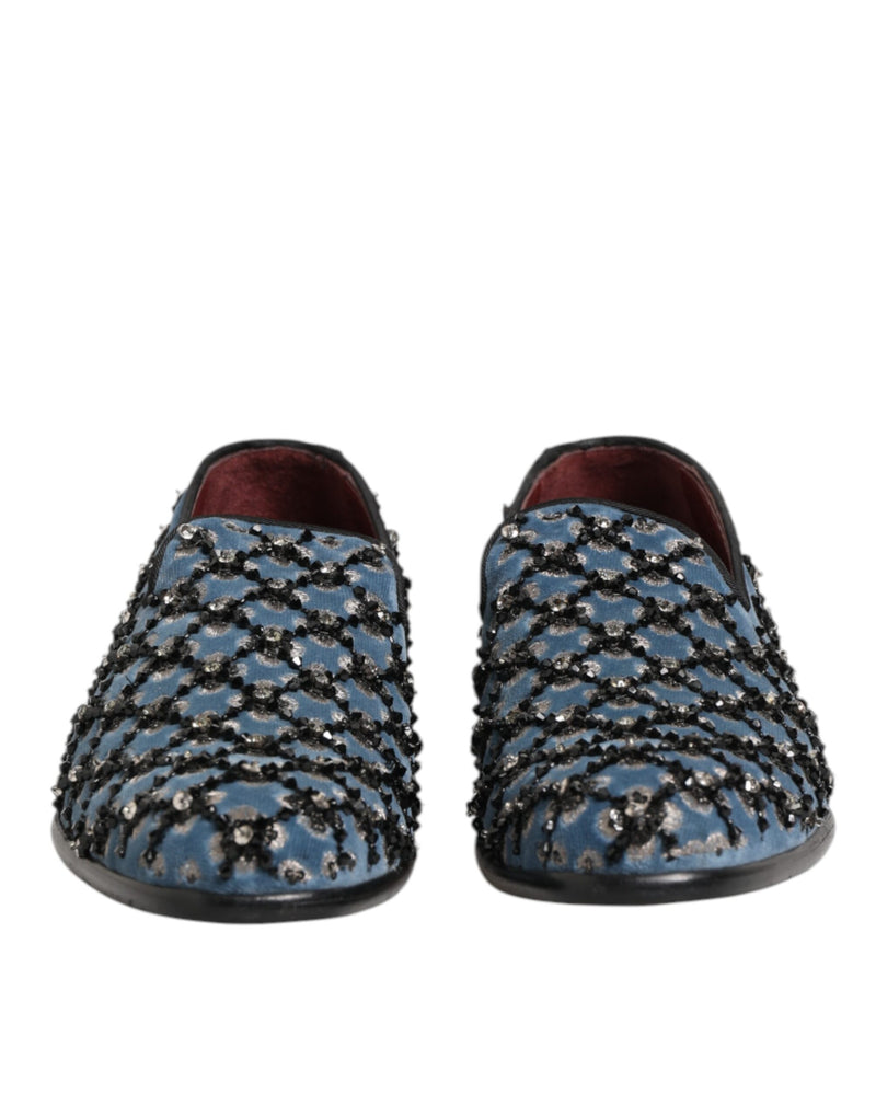 Dolce & Gabbana Blue Velvet Crystal Detailing Loafers for Men