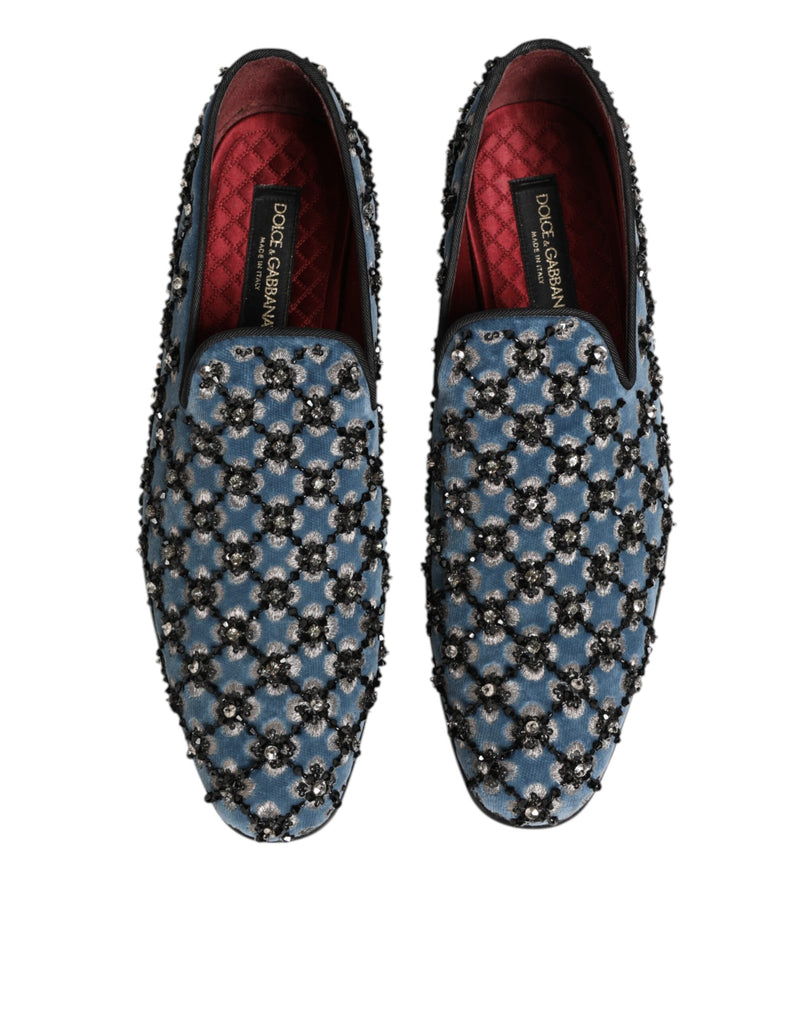 Dolce & Gabbana Blue Velvet Crystal Detailing Loafers for Men