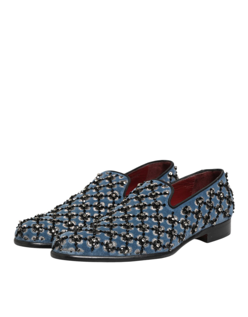 Dolce & Gabbana Blue Velvet Crystal Detailing Loafers for Men