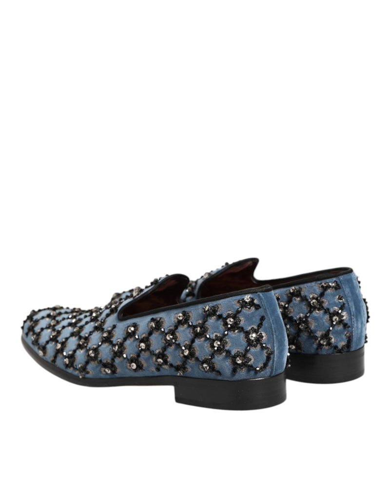 Dolce & Gabbana Blue Velvet Crystal Detailing Loafers for Men