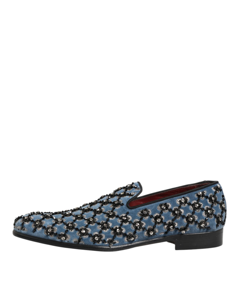 Dolce & Gabbana Blue Velvet Crystal Detailing Loafers for Men