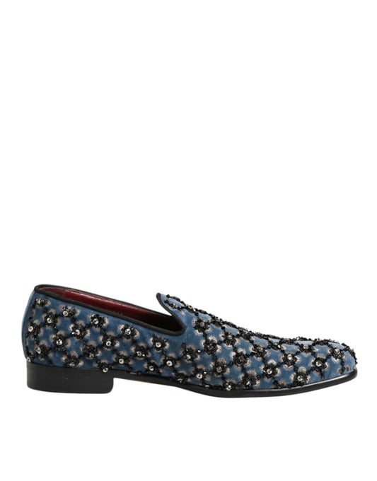 Dolce &amp; Gabbana blauwe fluwelen loafer met kristaldetail voor heren