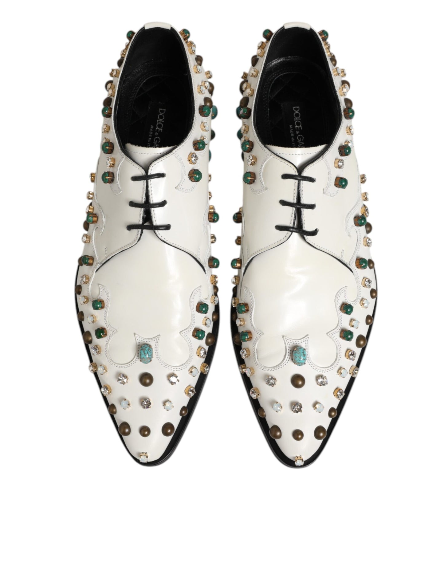 Dolce & Gabbana White Leather Crystals Embellished Derby Shoes