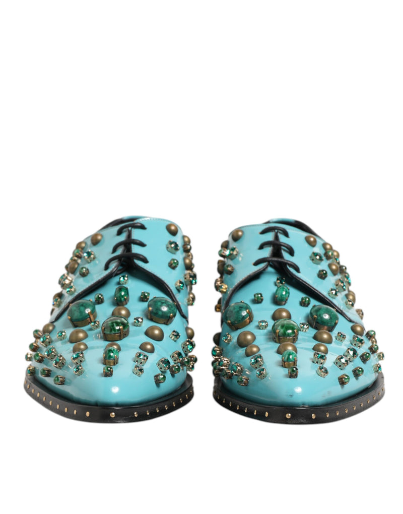 Dolce & Gabbana Derby Shoes en Cuir Turquoise avec Cristaux