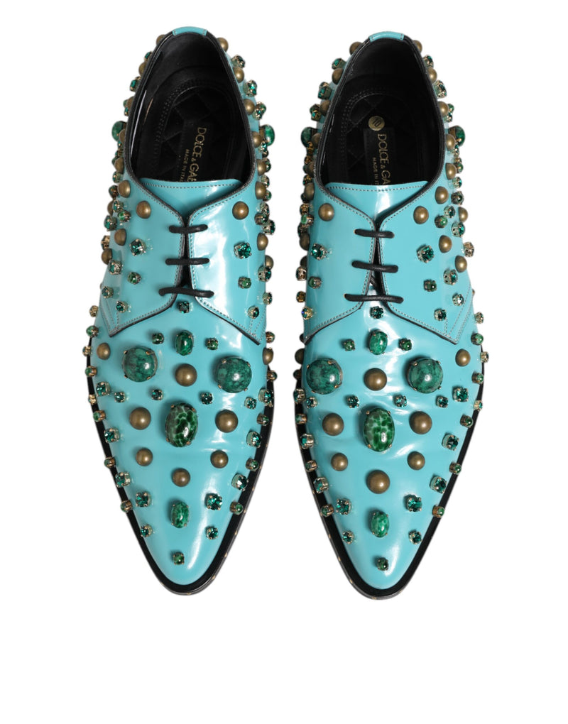 Dolce & Gabbana Derby Shoes en Cuir Turquoise avec Cristaux