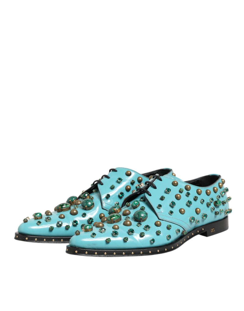 Dolce & Gabbana Derby Shoes en Cuir Turquoise avec Cristaux