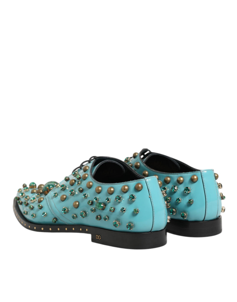 Dolce & Gabbana Derby Shoes en Cuir Turquoise avec Cristaux