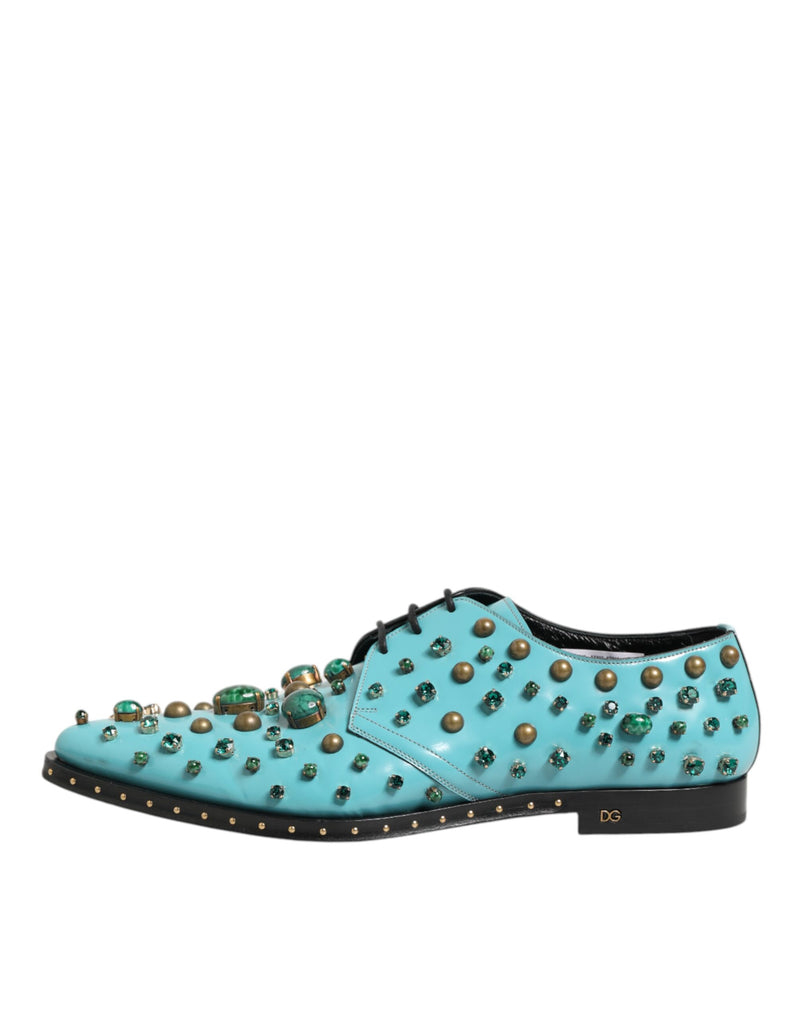 Dolce & Gabbana Derby Shoes en Cuir Turquoise avec Cristaux