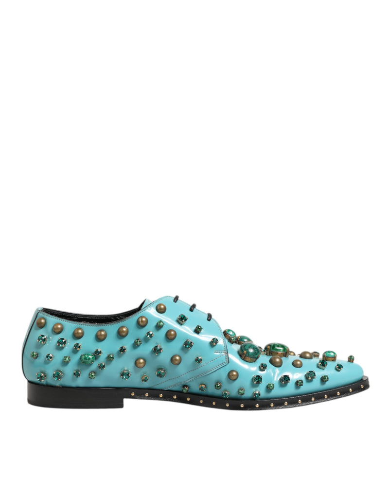 Dolce & Gabbana Derby Shoes en Cuir Turquoise avec Cristaux