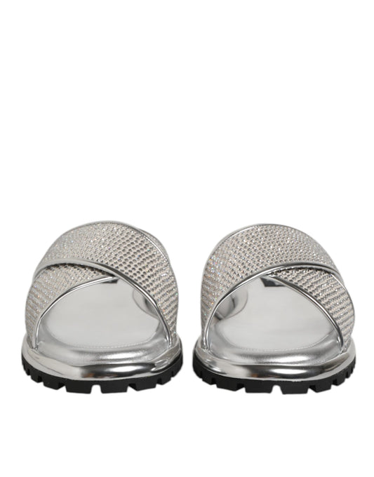 Dolce & Gabbana Silver Strass Slides - Élégantes Chaussons Plat