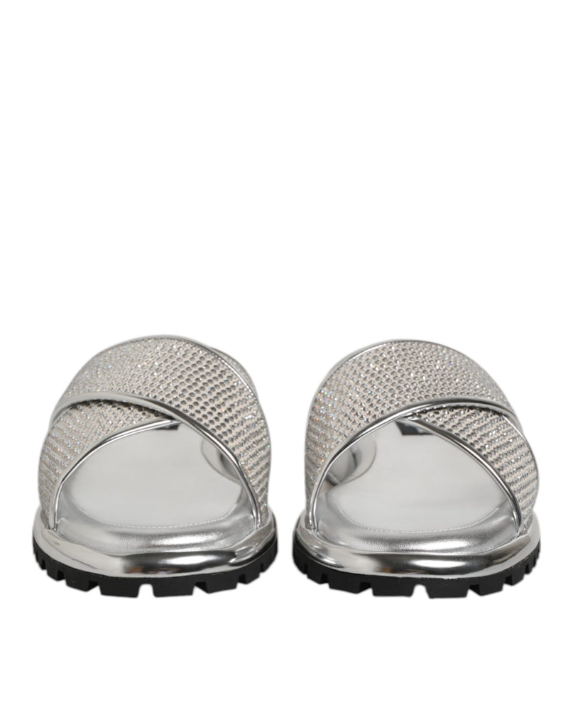 Dolce & Gabbana Silver Strass Slides - Élégantes Chaussons Plat