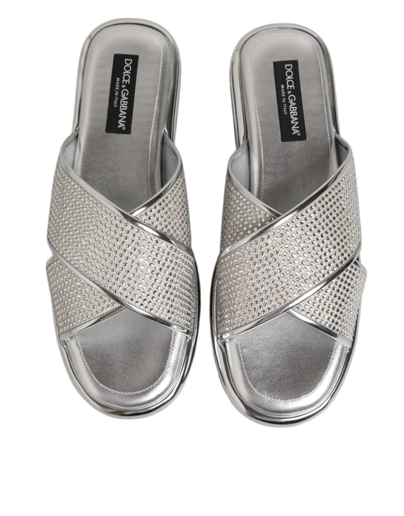 Dolce & Gabbana Silver Strass Slides - Élégantes Chaussons Plat