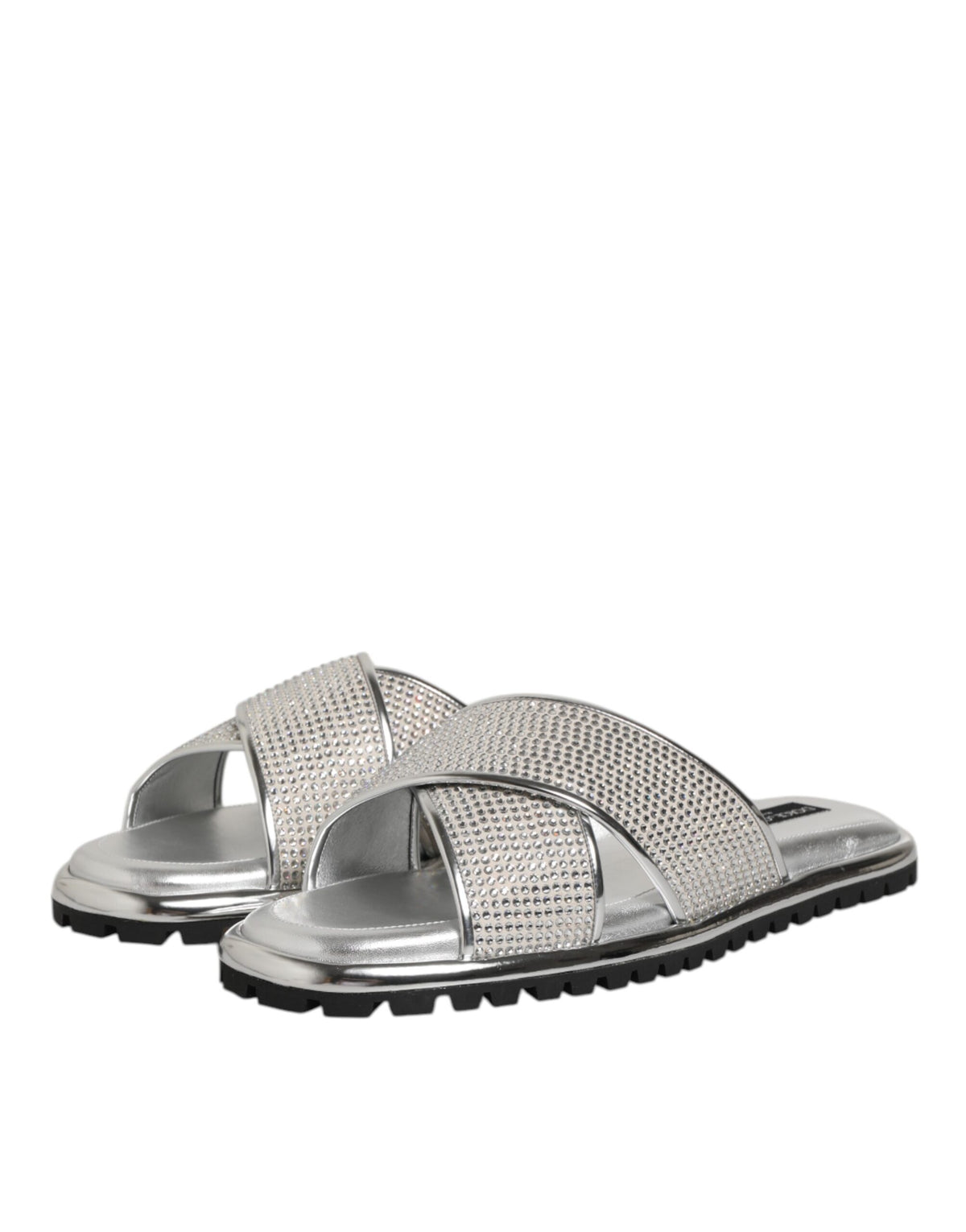 Dolce & Gabbana Silver Strass Slides - Luxurious Flat Slippers