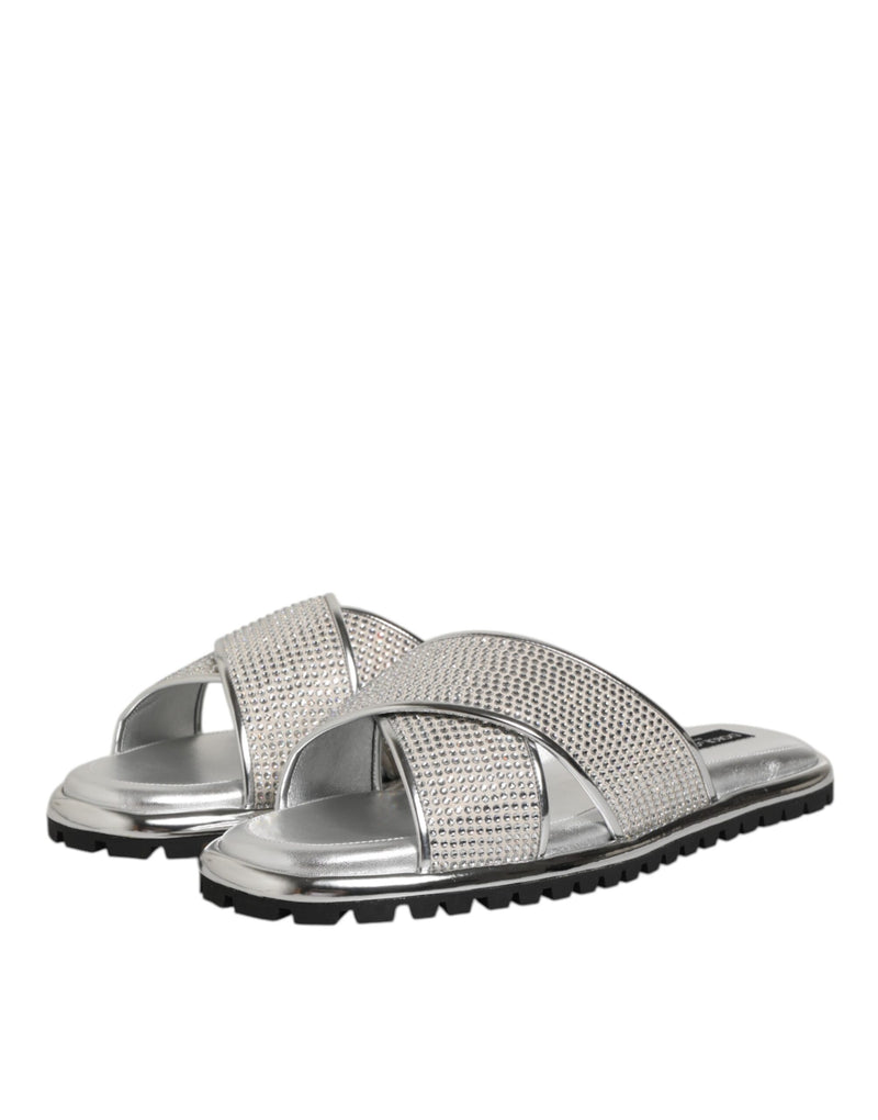 Dolce & Gabbana Silver Strass Slides - Élégantes Chaussons Plat