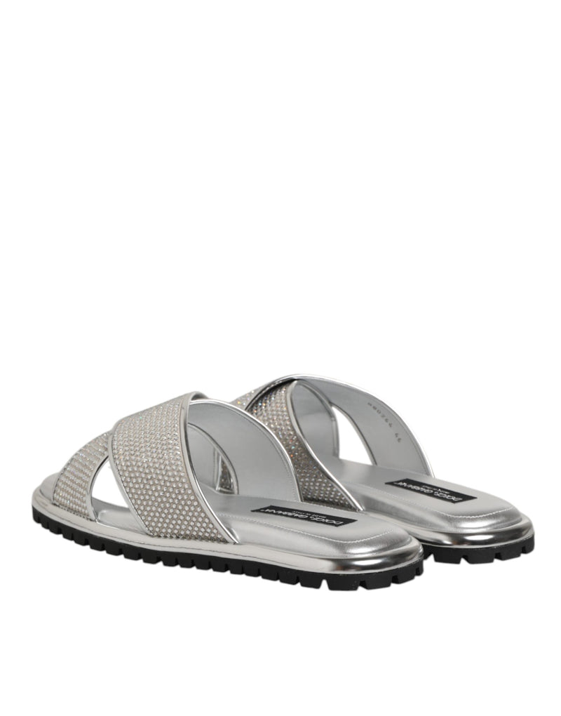 Dolce & Gabbana Silver Strass Slides - Élégantes Chaussons Plat