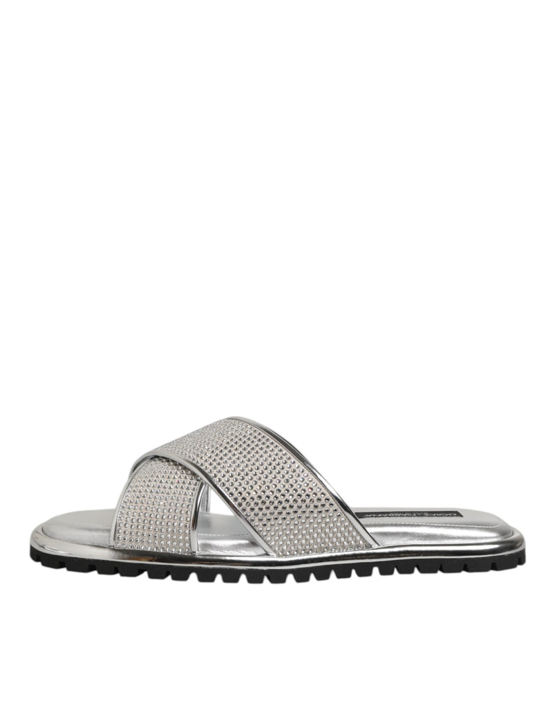 Dolce & Gabbana Silver Strass Slides - Élégantes Chaussons Plat