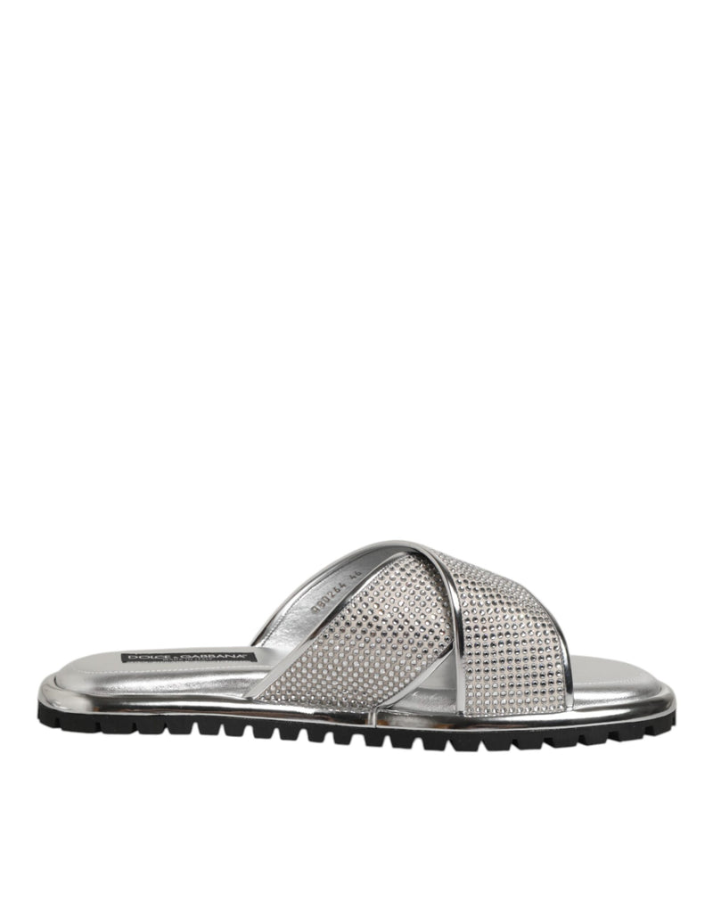 Dolce & Gabbana Silver Strass Slides - Élégantes Chaussons Plat