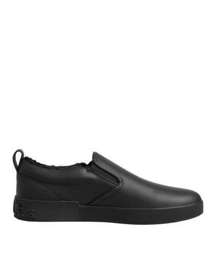 Dolce & Gabbana Black Leather Low Top Slip On Sneakers Shoes