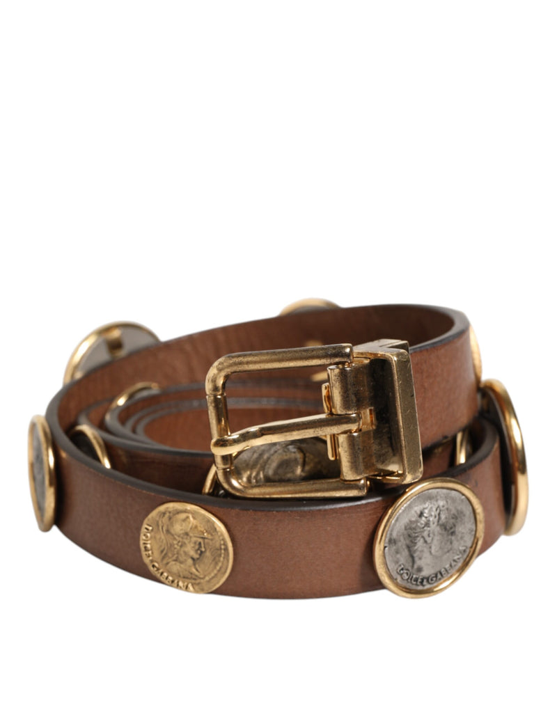 Dolce &amp; Gabbana Bruine Leren Riem met Gouden Zilveren Muntgesp