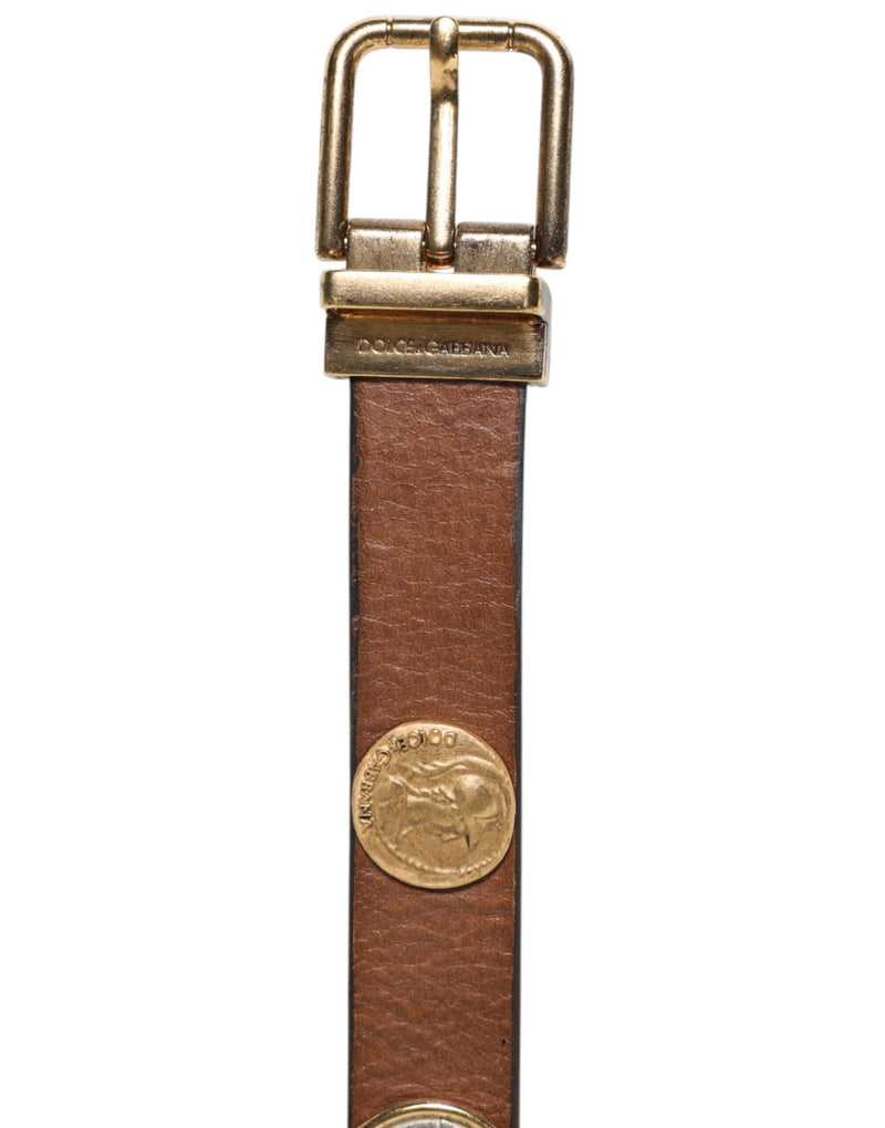 Dolce &amp; Gabbana Bruine Leren Riem met Gouden Zilveren Muntgesp