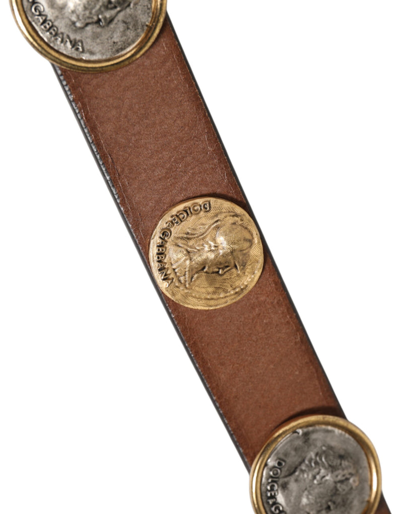 Dolce &amp; Gabbana Bruine Leren Riem met Gouden Zilveren Muntgesp