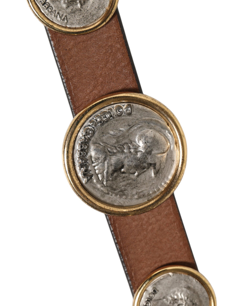 Dolce &amp; Gabbana Bruine Leren Riem met Gouden Zilveren Muntgesp