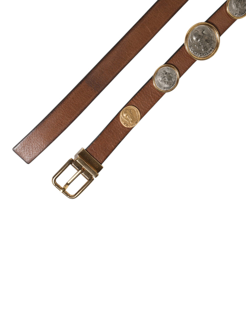 Dolce &amp; Gabbana Bruine Leren Riem met Gouden Zilveren Muntgesp