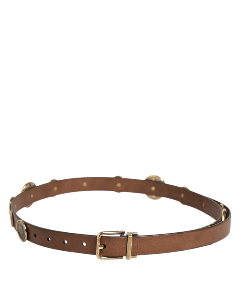 Dolce &amp; Gabbana Bruine Leren Riem met Gouden Zilveren Muntgesp