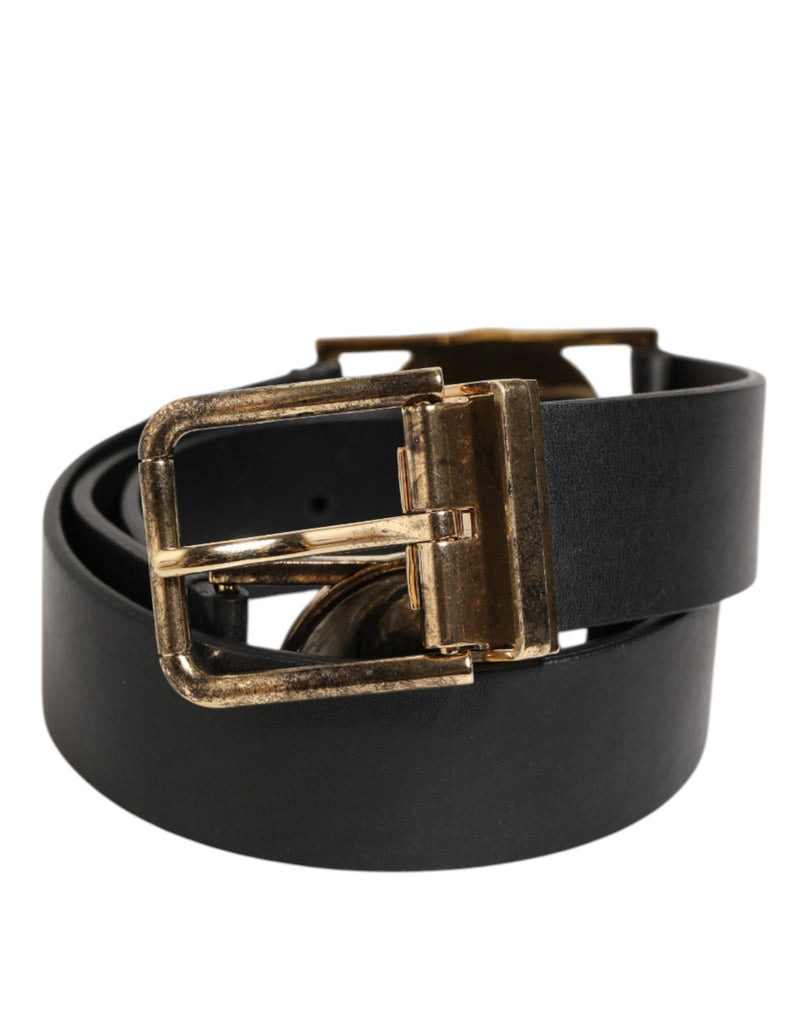 Dolce &amp; Gabbana Zwarte Leren Riem met Gouden Zilveren Muntgesp