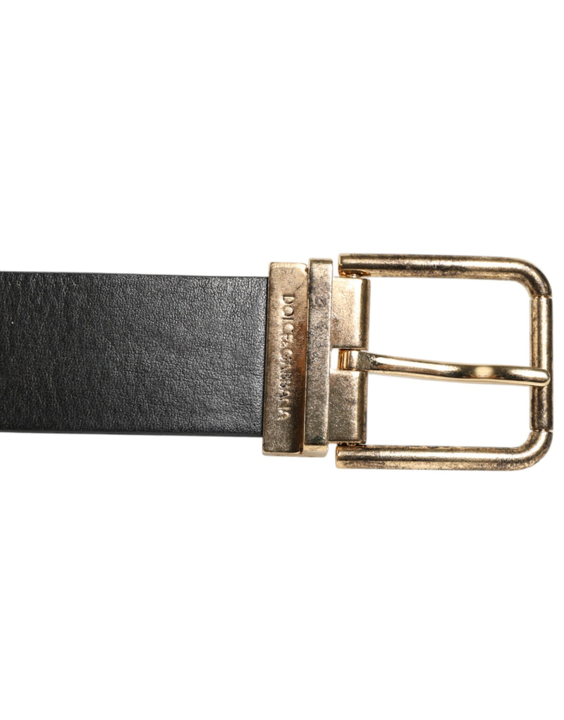 Dolce &amp; Gabbana Zwarte Leren Riem met Gouden Zilveren Muntgesp
