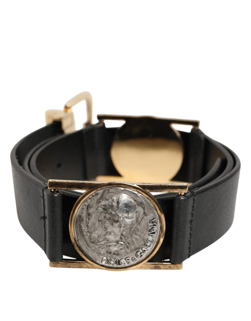 Dolce &amp; Gabbana Zwarte Leren Riem met Gouden Zilveren Muntgesp