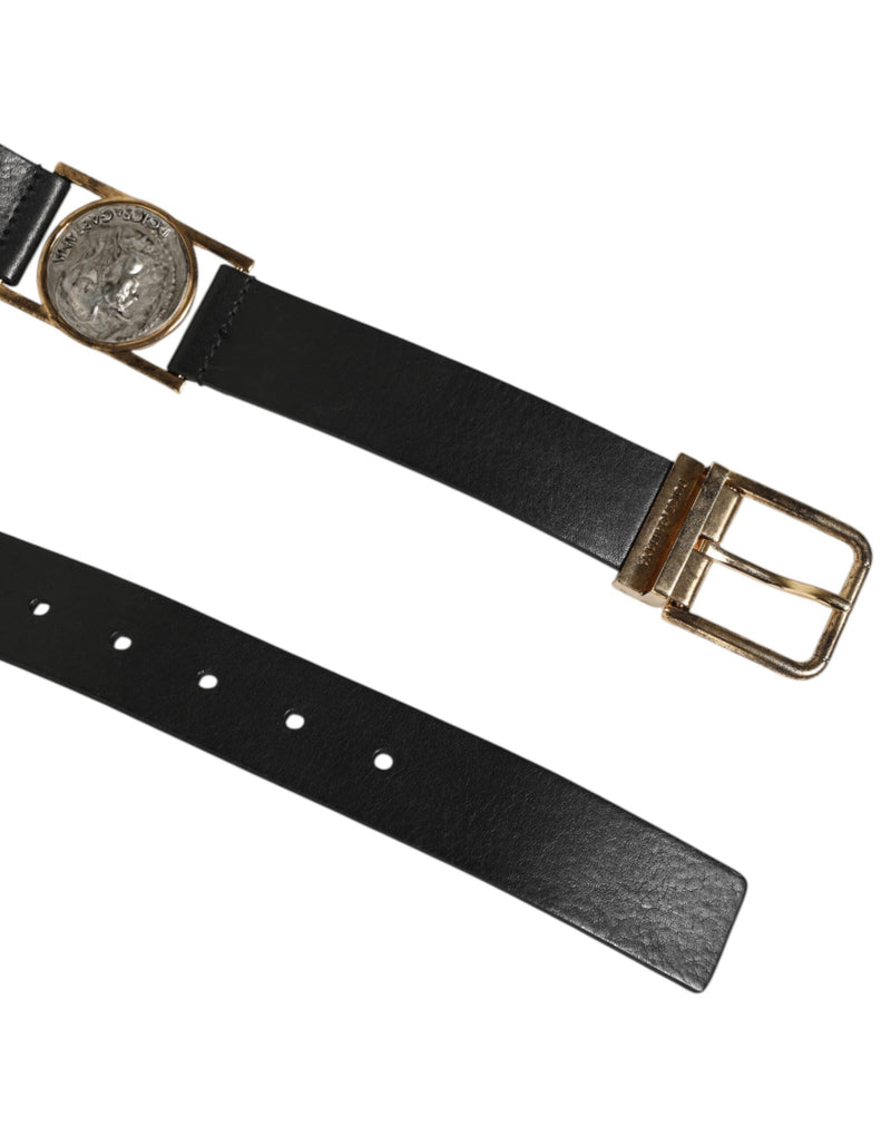 Dolce &amp; Gabbana Zwarte Leren Riem met Gouden Zilveren Muntgesp