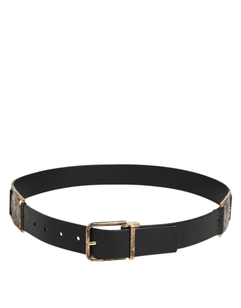 Dolce &amp; Gabbana Zwarte Leren Riem met Gouden Zilveren Muntgesp