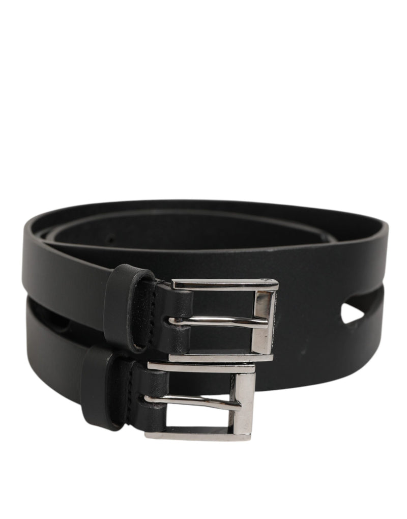 Dolce &amp; Gabbana Zwarte Dubbele Band Leren Zilveren Gesp Riem