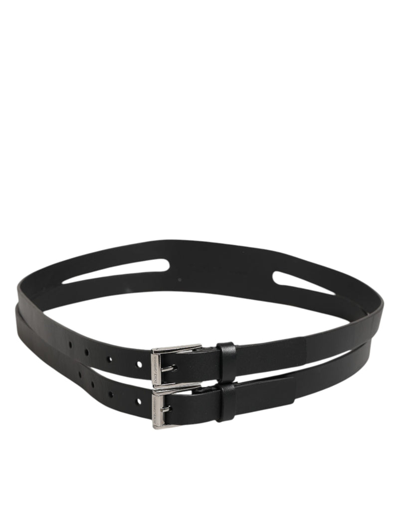 Dolce &amp; Gabbana Zwarte Dubbele Band Leren Zilveren Gesp Riem