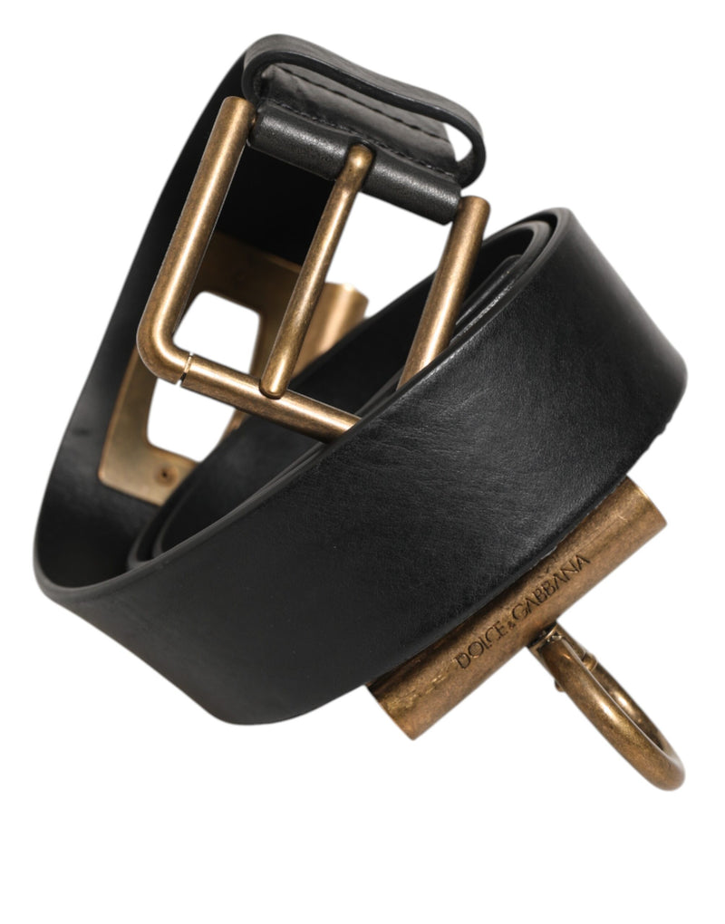 Ceinture en cuir noir Dolce &amp; Gabbana avec anneaux latéraux et boucle en laiton