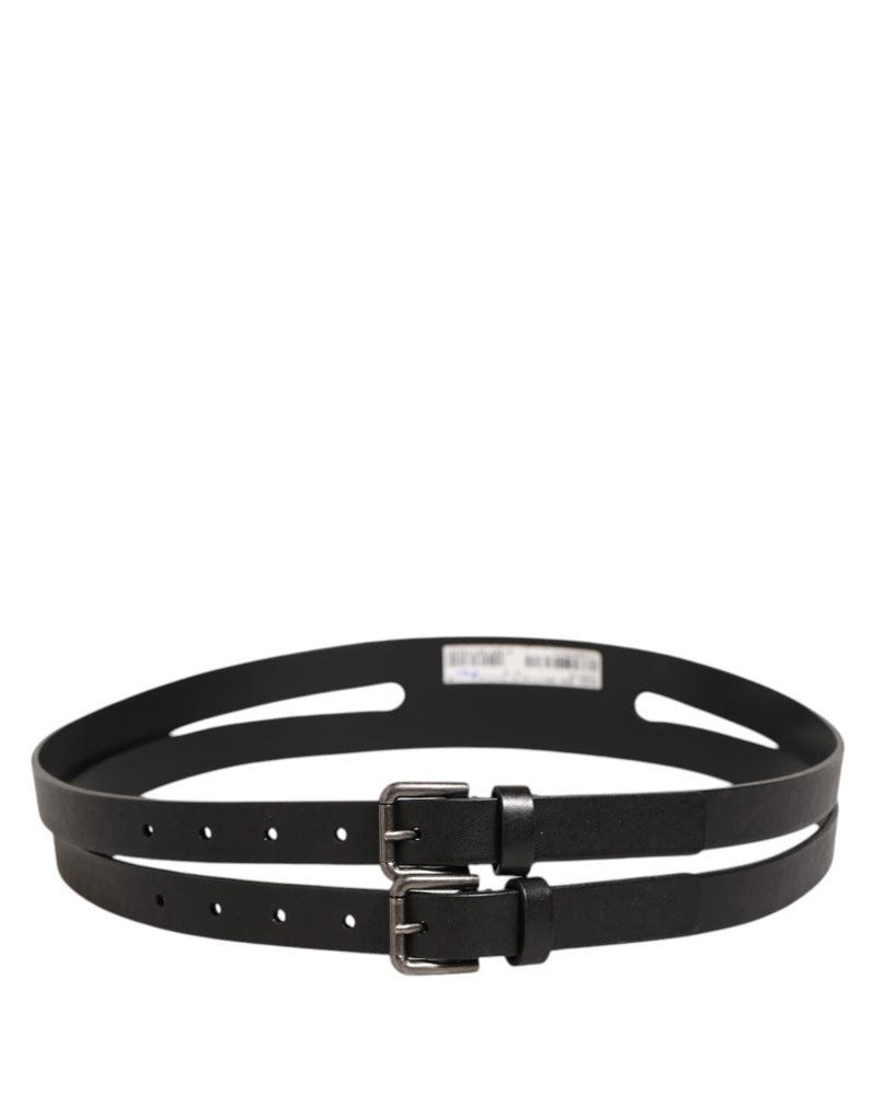 Ceinture Dolce &amp; Gabbana en cuir noir à double sangle et boucle argentée