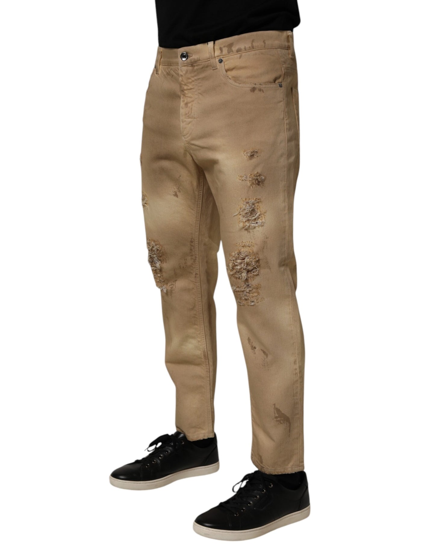 Dolce & Gabbana Beige Cotton Loose Tattered Men Denim Jeans
