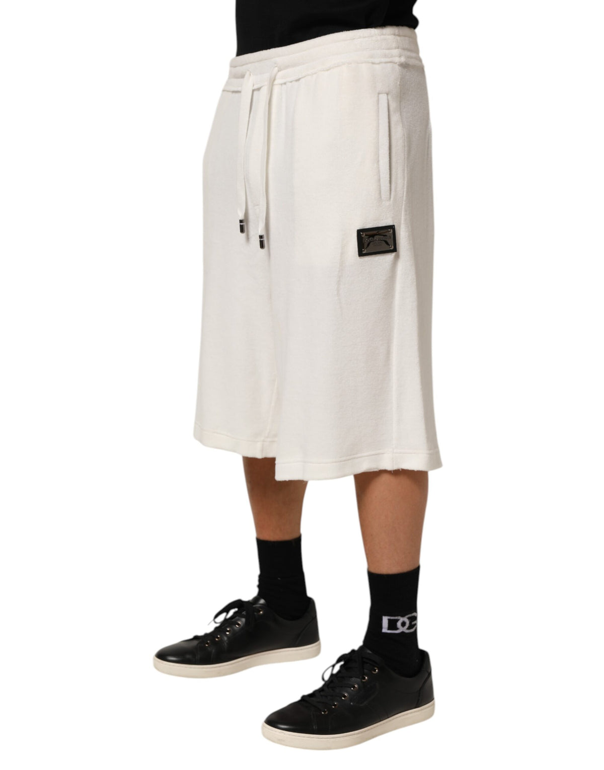Short de bain bermuda pour homme en coton blanc avec plaque logo Dolce &amp; Gabbana