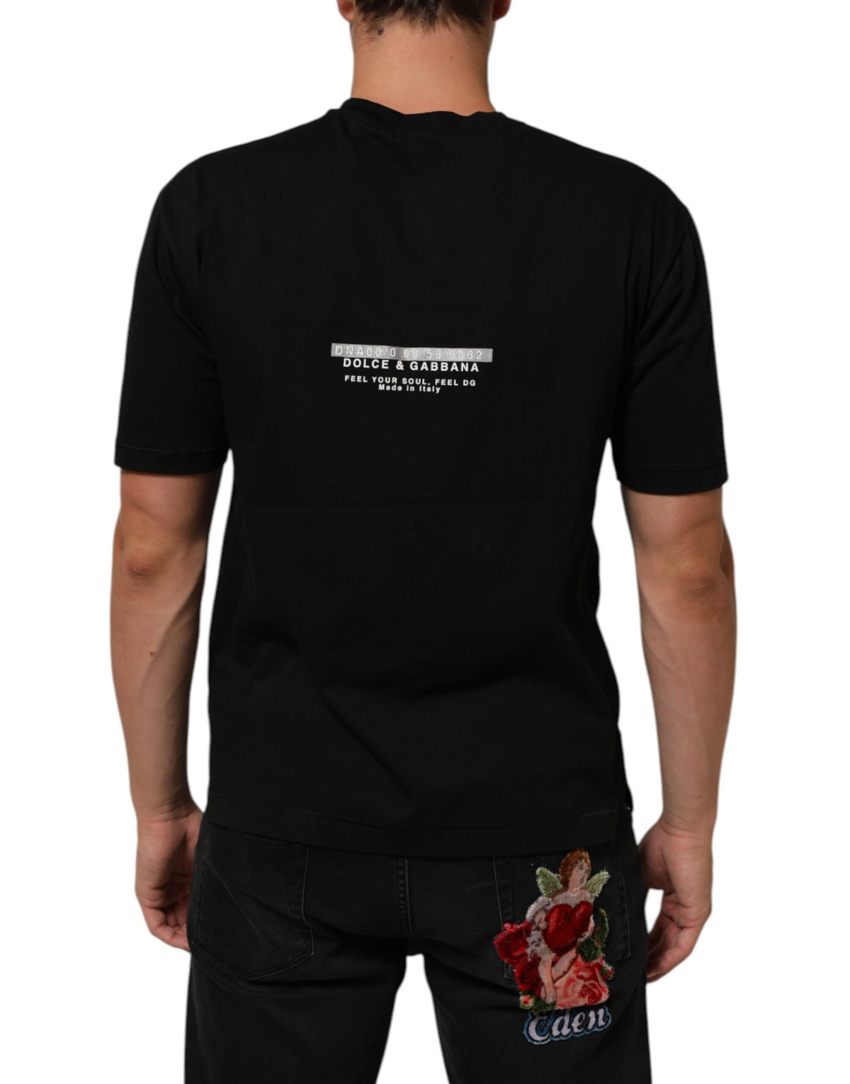 T-shirt à col rond en coton noir pour homme avec message de la marque Dolce &amp; Gabbana